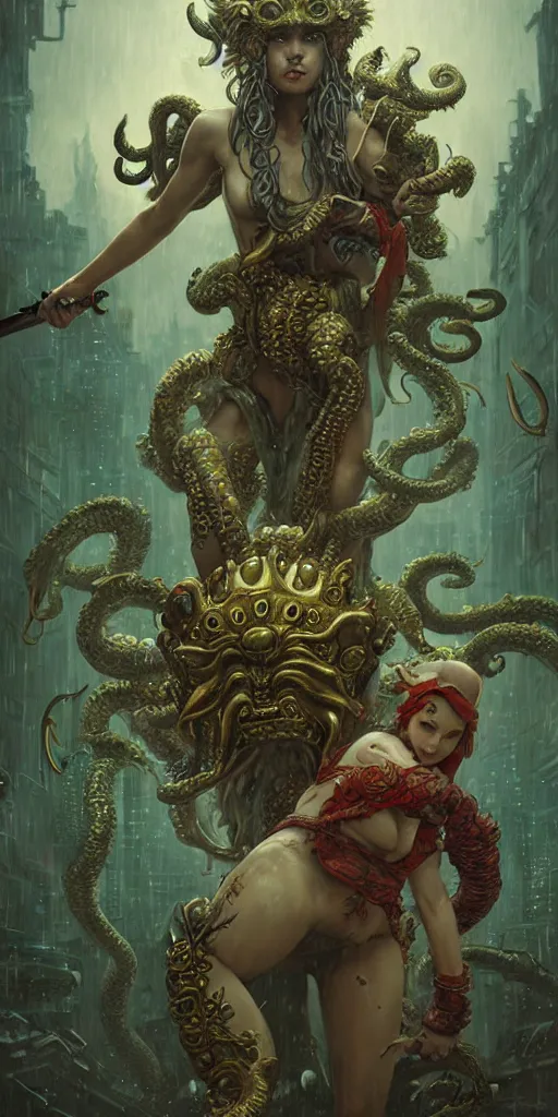 Image similar to hyper realistic Princess Mononoke attacking Cthulhu with a golden sword, ornate mask, wet market street, rainy atmosphere, cyberpunk metropolis, city landscape, jewels, full body pose, style of tom bagshaw, mucha, james gurney, norman rockwell, denoised, sharp