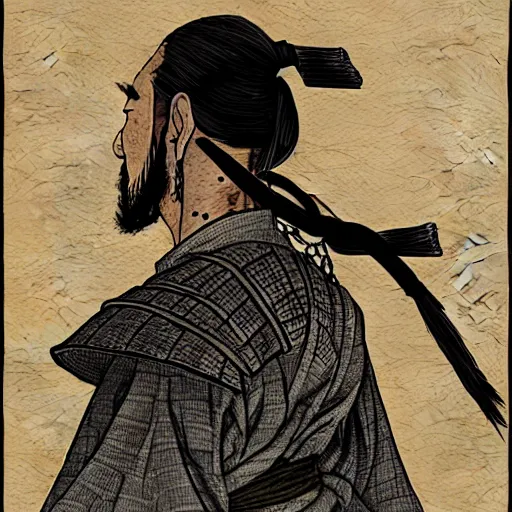 Image similar to a portrait from behind of a samurai man vagabond that holds chains, detailed, illustration, concept art, ink style, sketch