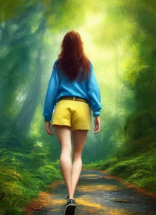 Prompt: young woman walking : : blue shorts yellow shirt : : magic raining forest nature : : weta disney pixar movie still photo : : decadent highly - detailed digital painting, full length shot, golden ratio, octane render, artstation, smooth, sharp focus, artgerm, mucha, loish, wlop, gogo