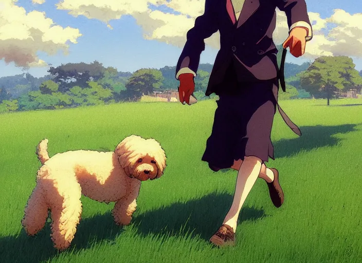 Image similar to france 1 9 2 0's, young adult running with his goldendoodle dog on a green meadow, golden hour, finely detailed perfect art, gapmoe yandere grimdark, trending on pixiv fanbox, painted by greg rutkowski makoto shinkai takashi takeuchi studio ghibli