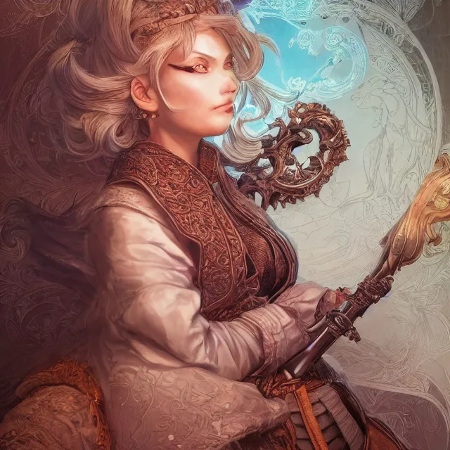 Image similar to the portrait of neutral good female cleric bard as absurdly beautiful, gorgeous, elegant, sophisticated happy woman, an ultrafine hyperdetailed illustration by kim jung gi, irakli nadar, intricate linework, sharp focus, bright colors, octopath traveler, final fantasy, unreal engine 5 highly rendered, global illumination, radiant light, detailed and intricate environment