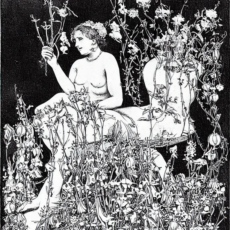 Prompt: a walther caspari illustration in lustige blatter in 1 8 9 9 of a ( young goddess, sitting on a conical pile of small skulls ) with huge flowers on tall stalks behind her, black and white pen an ink drawing