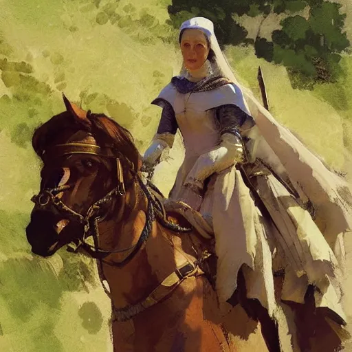 Prompt: portrait of woman wearing medieval clothing on horseback galloping, detailed by greg manchess, craig mullins, bernie fuchs, walter everett