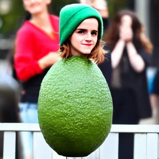 Prompt: emma watson as an avocado chair in avocado cap