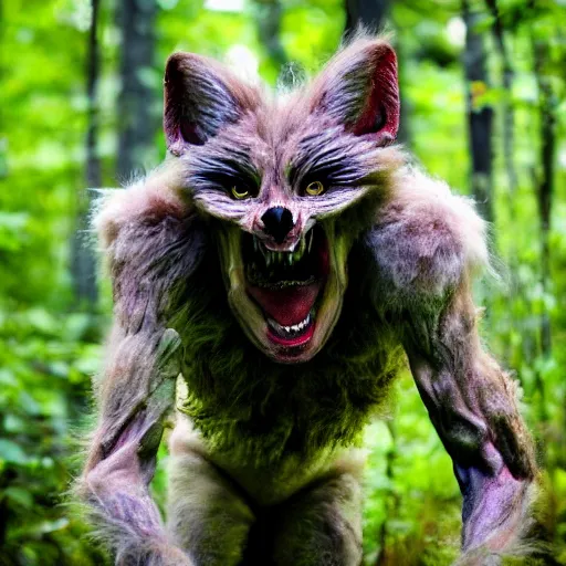 Image similar to horror, photography, humanoid mutant, matted fur, grinning, sprinting through undergrowth in a dense forest in daytime, wide eyes