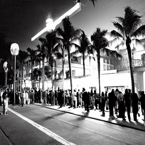 Image similar to a medium shot of a line of people outside of a trendy nightclub at midnight, palm trees on the street, directed by christopher nolan