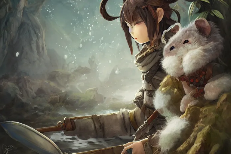 Prompt: dungeons and dragons fantasy painting, portrait of an ashigaru mouse rifleman, whimsical and cute, determined expression, watery eyes, anime inspired by krenz cushart, light grey fur, tufty whiskers, feathered arrows, bamboo forest river, dawn lighting, by brian froud jessica rossier and greg rutkowski