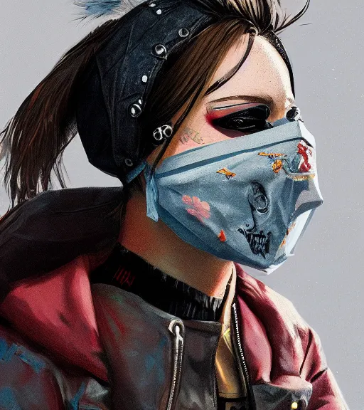 Image similar to a girl wearing a jacket, mask, punk outfit, highly detailed, digital painting, artstation, concept art, smooth, sharp focus, illustration