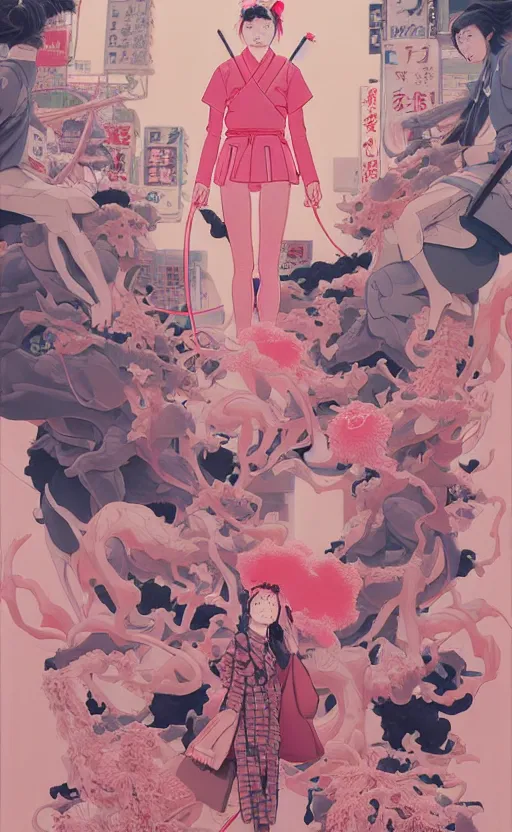 Image similar to Artwork by James Jean, Phil noto and hiyao Miyazaki ; a young Japanese future samurai police girl named Yoshimi battles an enormous looming evil natured carnivorous pink robot on the streets of Tokyo; Japanese shops and neon signage; crowds of people running; Art work by hiyao Miyazaki, Phil noto and James Jean