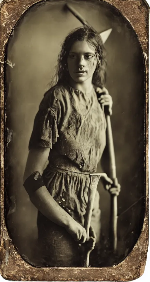 Prompt: a highly detailed wet plate photograph, a portrait of a beautiful young woman holding a pickaxe