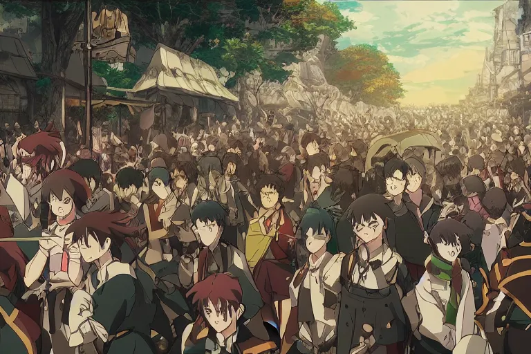 Image similar to cell shaded anime key visual of a fantasy battlefield, crowds of people, magic spells, in the style of studio ghibli, moebius, makoto shinkai, dramatic lighting