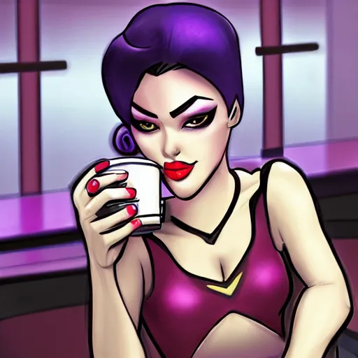 Prompt: Widowmaker drinking a coffee sitting at a bar, hd, digital art