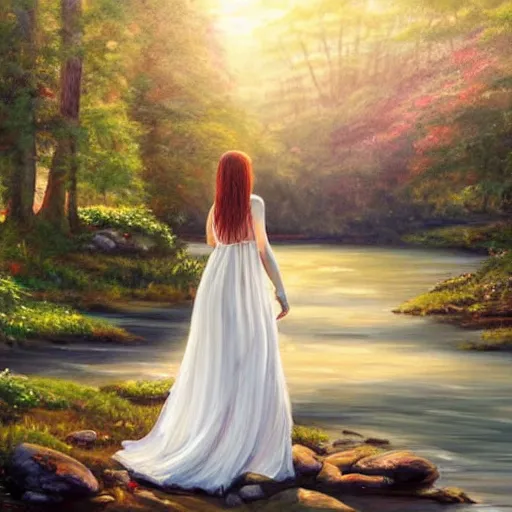 Image similar to a beautiful painting of the back view of a young lady in white dress washing her long hair by the river in a grown forest, sunlight reflected on the river, Celtic