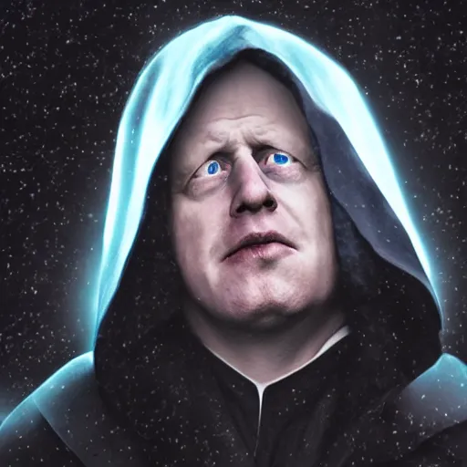 Image similar to A photo of ((Boris Johnson)) as Emperor Palpatine, hooded, cinematic lighting
