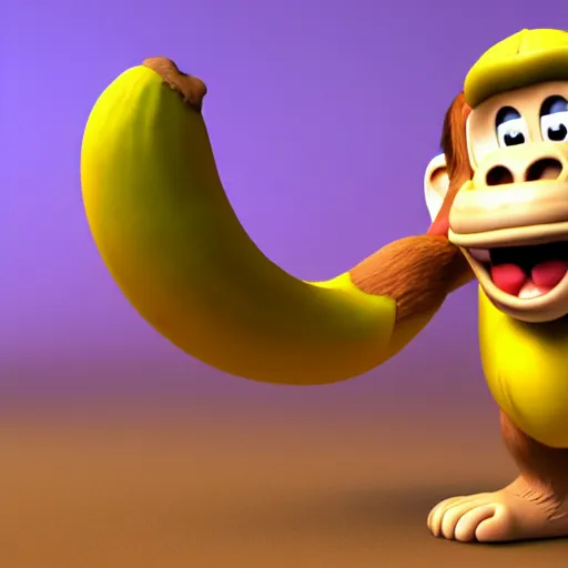 Image similar to Donkey Kong stepping on a banana, 3D render, detailed clay model