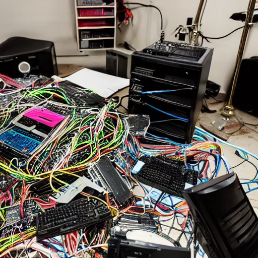 Prompt: a pile of neon lit motherboards and computer parts covering Grimes sitting in a large vintage room