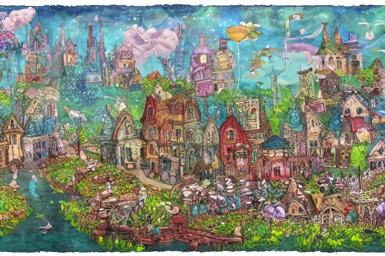 Image similar to a fantasy town, mixed media, whimsical,