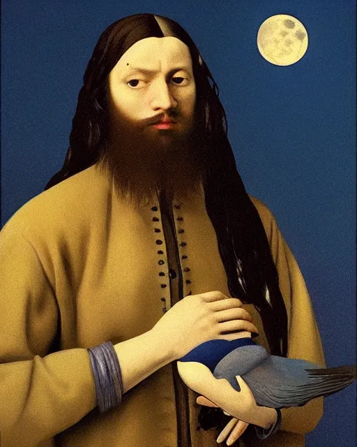 Prompt: portrait of a man with long black hair and beard holding a bird in his hands, full moon in the background, fine portrait, beautiful, concept art, by jan vermeer, style of tomer hanuka