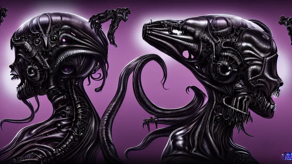 Prompt: Dreambotmotherships true and final form, monstrocity animal, shape of a Ariana Grande, style of Giger, H. R. GIGER, 4K, highly detailed