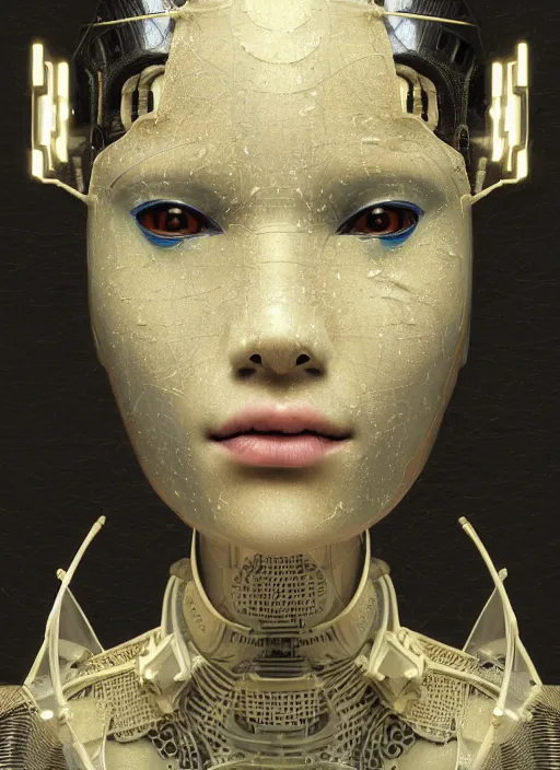 Prompt: portrait of a futuristic geisha cyborg, made from million point clouds, in the style of ghost in the shell, kintsugi, modern fine art, fractal, intricate, elegant, highly detailed, digital photography, subsurface scattering, by jheronimus bosch and greg rutkowski,