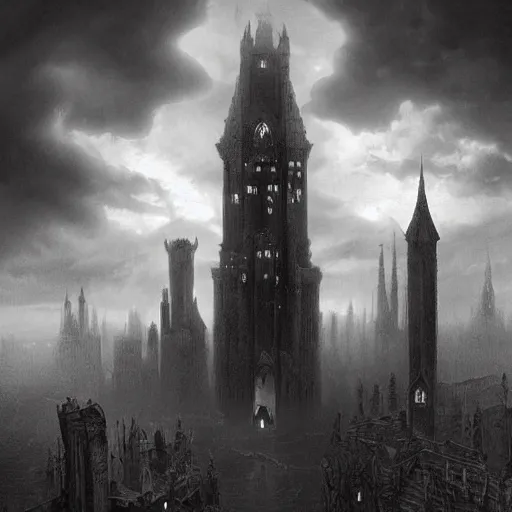 Image similar to an ultra detailed black and white matte painting of a lonely and impossibly tall ominous gothic dark citadel tower of the evil patriarch, in the style of magic the gathering, in a river elevated high above the city, gaslight fantasy capital city, ultrawide lense, aerial photography, scary thunderstorm, exquisite detail, 8 k, art by greg rutkowski and alphonse mucha