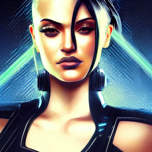 Prompt: portrait of a cyberpunk art deco kylie jenner with a grid of light falling on her face, sci-fi, intricate lighting, elegant noir, highly detailed, digital painting, studio portrait, artstation, smooth, sharp focus, illustration, art by artgerm and greg rutkowski and Charlie Bowater