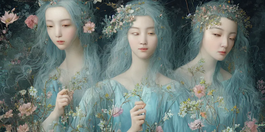 Image similar to breathtaking detailed concept art painting portrait of two goddess of light blue flowers by hsiao - ron cheng, carroty hair, orthodox saint, with anxious piercing eyes, vintage illustration pattern background with bizarre compositions blend of flowers and fruits and birds by beto val and john james audubon, exquisite detail, extremely moody lighting, 8 k