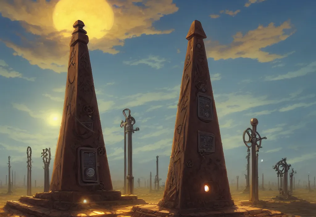 Image similar to a steampunk obelisk in a gloomy desert at dawn with gravestones in the foreground, intricate oil painting, high detail illustration, sharp high detail, manga and anime 1 9 9 9, official fanart behance hd artstation by jesper ejsing and makoto shinkai, 4 k,
