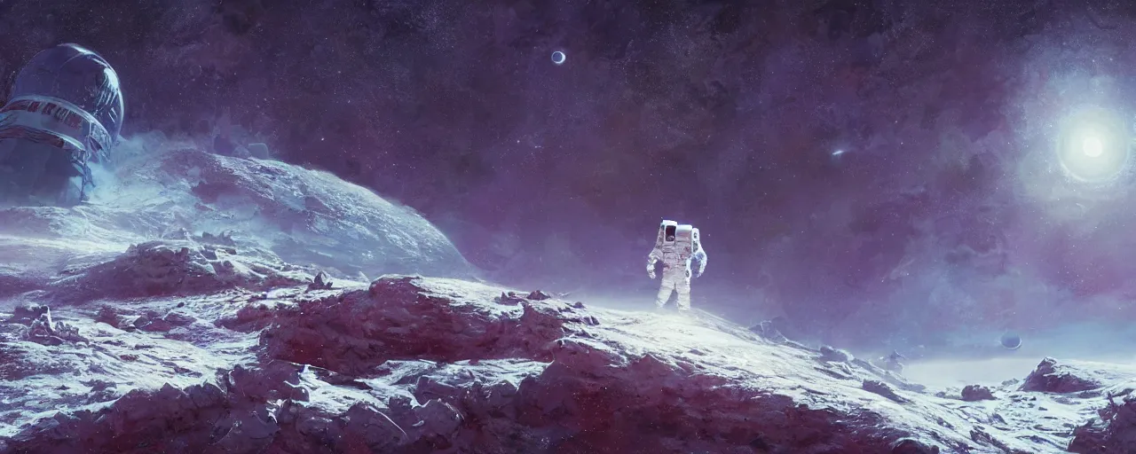 Prompt: lone astronaut exploring outer planet covered with ice, art by paul lehr, cinematic, detailed, epic, widescreen, opening, establishing, matte painting, photorealistic, realistic textures, octane render