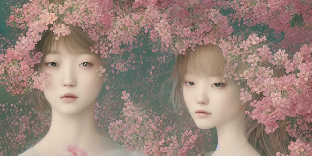 Image similar to breathtaking delicate detailed concept art painting pattern blend of flowers and girls, by hsiao - ron cheng, bizarre compositions, exquisite detail, pastel colors, 8 k