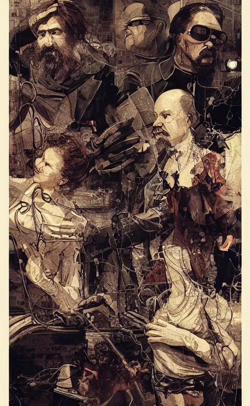 Prompt: lenin and marx and marie curie, eun emerging from renaissance italy into a cyberpunk mutiversal realm by conrad roset, nicola samuri, dino valls, m. w. kaluta, jakub rebelka, rule of thirds, seductive look, beautiful