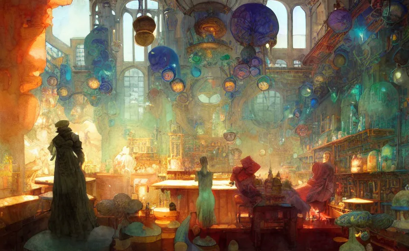 Image similar to alchemy laboratory, fantasy. intricate, amazing composition, colorful watercolor, by ruan jia, by maxfield parrish, by marc simonetti, by hikari shimoda, by robert hubert, by zhang kechun, illustration, gloomy