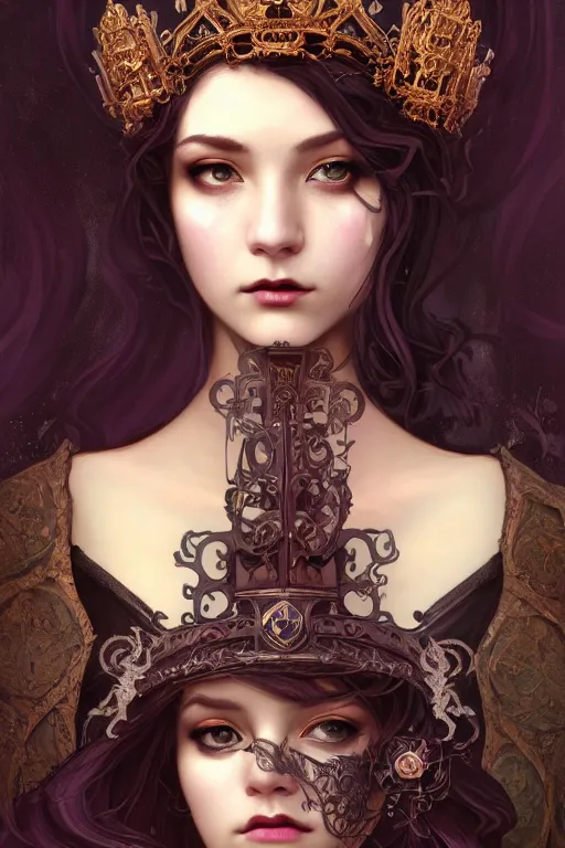 Prompt: beautiful and luxury and victorian and gothic and dieselpunk young medieval dark crown princess portrait like blackpink lisa+smoky eyes+front face with light flowing hair, ultradetail face, art and illustration by tian zi and craig mullins and WLOP and alphonse mucha, fantasy, intricate complexity, human structure, human anatomy, fantasy character concept, watermark, blurry, hyperrealism 8k