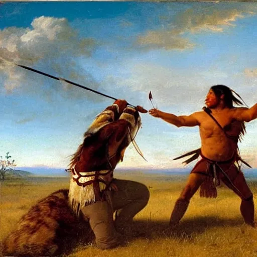 Prompt: native american man shoots arrow at sabertooth!!!!!! tiger on great plains, painting by emanuel leutze and emanuel leutze and emanuel leutze and emanuel leutze and emanuel leutze