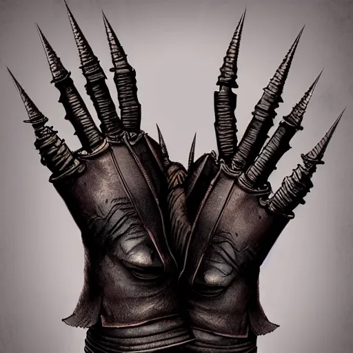 Image similar to metal claws on gloves, old leather gloves with attached talons, pointy fingertips, dark background, highly detailed, 8 k, trending on artstation, mystic, rpg artwork, by peter jackson, by sauron