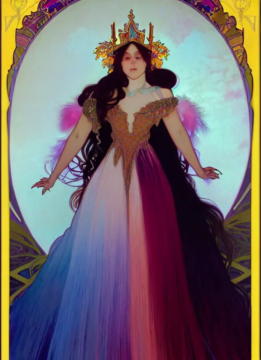 Prompt: ombre velvet gown, feathers, vivid colors, lovely dark winter princess, portrait, long hair, tiara, jeweled choker, by alphonse mucha, brom, greg rutkowski, anato finnstark, global illumination, radiant light