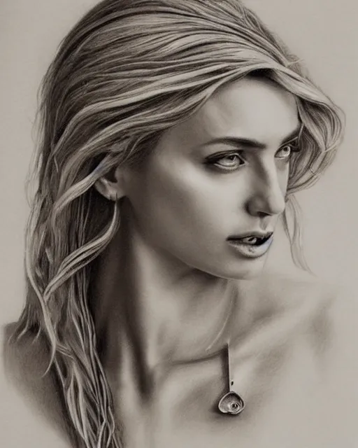 Image similar to pencil drawing of beautiful greek goddess aphrodite with arrowhead jewelry, beautiful piercing eyes, beautiful blonde hair flying in the wind, hyper realistic face, in the style of greg rutkowski, fantasy, amazing detail, epic, elegant, smooth, sharp focus, from the front