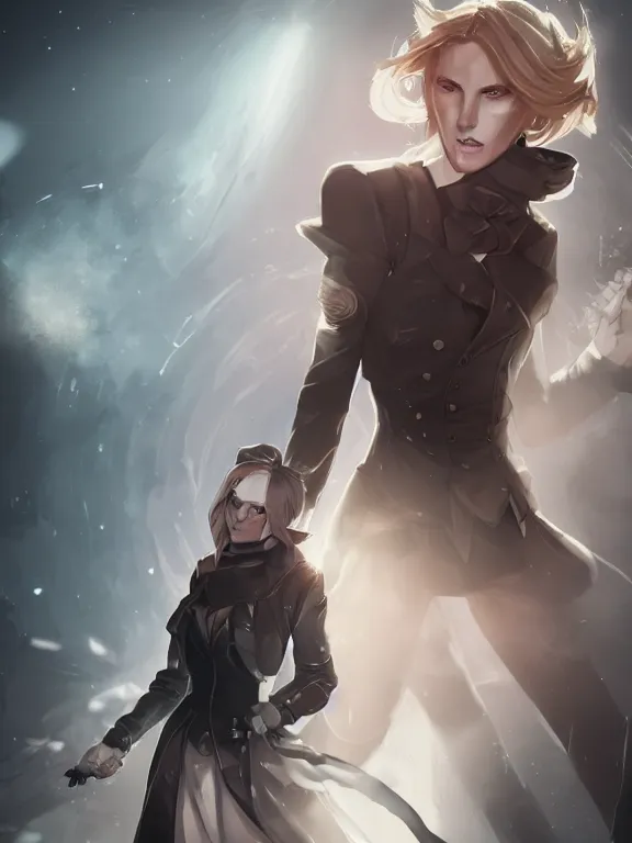 Image similar to illustration of annie leonhart inside arcane universe wearing an elegant tailcoat, au naturel, hyper detailed, digital art, trending in artstation, arcane league of legends, cinematic lighting, studio quality, smooth render, unreal engine 5 rendered, octane rendered, concept art, smooth, sharp focus, illustration