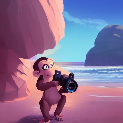 Image similar to monkey holding a camera in the Beach, mattepainting concept Blizzard pixar maya engine on stylized background splash comics global illumination lighting artstation lois van baarle, ilya kuvshinov, rossdraws