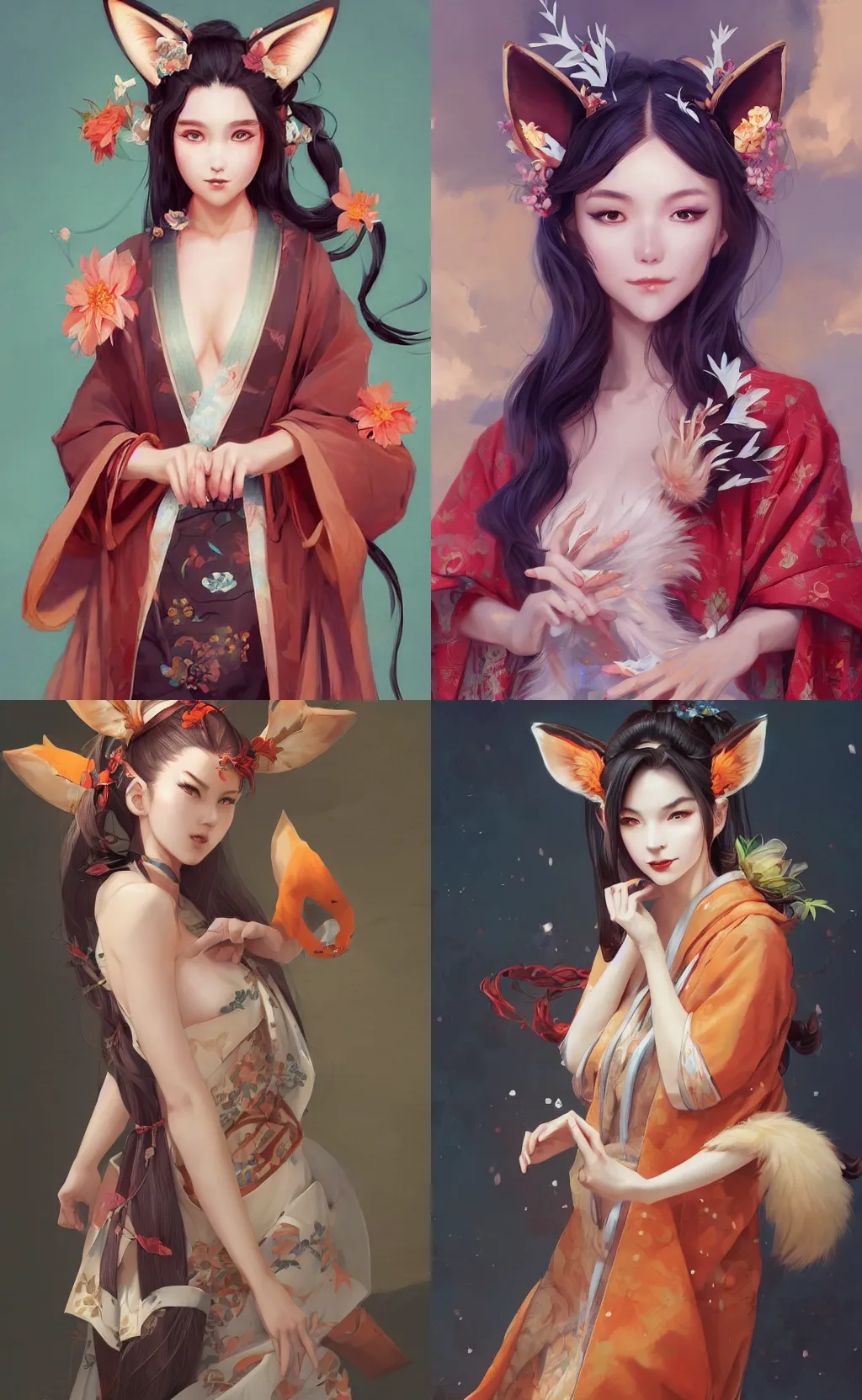 Prompt: An beautiful digital painting of a cute woman with fox ears and nine tails wearing a kimono, by Stanley Artgerm Lau, WLOP, Rossdraws, James Jean, Andrei Riabovitchev, Marc Simonetti, and Sakimichan, tranding on artstation, SFW version