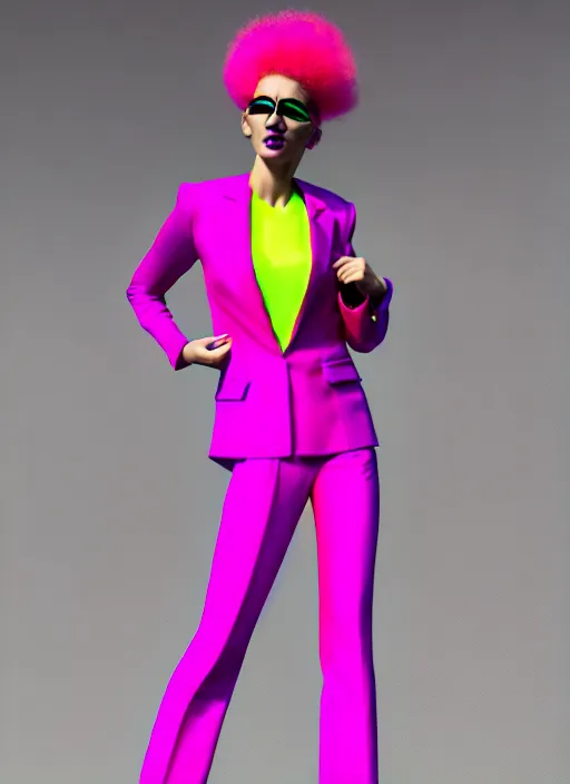 Image similar to bright trouser suit for a rave, bright colors, many details, prints, photo for a magazine, photo for a store, fashion photography, Vogue, 135 mm, cinematic, hyper realism, high detail, 8k, Two models in the frame, dynamic pose,Smooth skin, perfect face