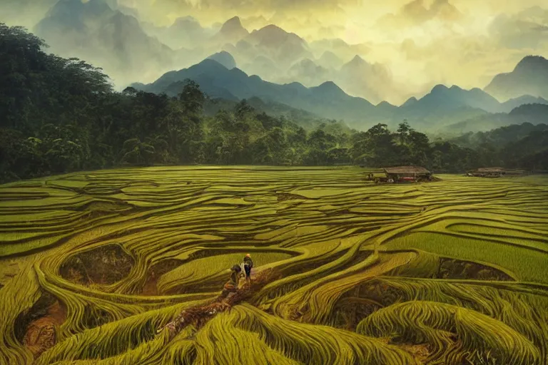 Image similar to a beautiful landscape illustration of Gunung Jerai, Yan, Malaysia with a paddy field, dramatic sky, cinematic lighting, wide angle, sunrise, award winning, 8K realistic art by artgerm and greg rutkowski and alphonse mucha