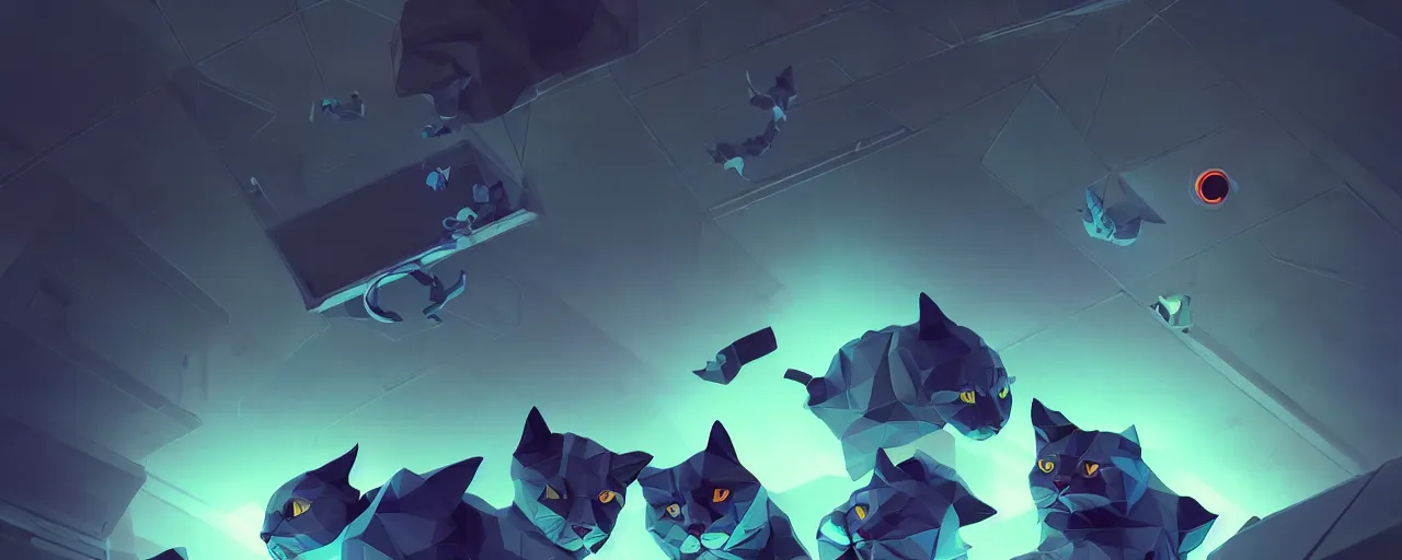 Image similar to duotone noir scifi concept illustration of lowpoly cats inside box floating zero gravity glowing 3 d mesh portals futuristic, glowing eyes, octane render, surreal atmosphere, volumetric lighting. accidental renaissance. by sachin teng and sergey kolesov and ruan jia and heng z. graffiti art, scifi, fantasy, hyper detailed. trending on artstation