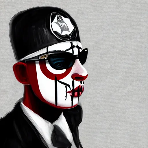 Image similar to portrait of a secret service agent who is a juggalo highly detailed artstation concept art digital painting