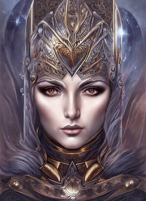 Image similar to a highly detailed symmetrical painting of a female model fantasy warrior with piercing beautiful eyes, trending art by artgerm and karol bak and mark brooks