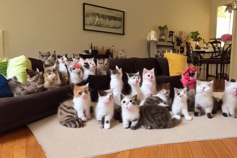 Image similar to a living room full of cute kittens