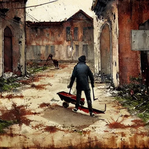 Image similar to painting by jakub rozalski of a person walking with a wheelbarrow in an abandoned post soviet town infested with root monsters