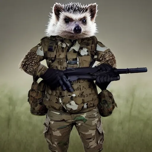 Image similar to still image of a hedgehog wearing body armor, hedgehog soldier, the hedgehog is holding a rifle, photo