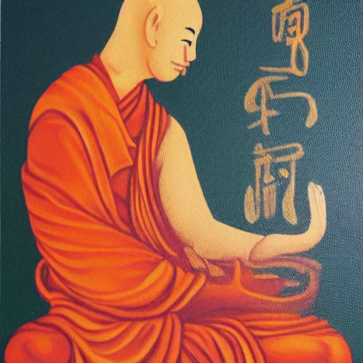 Image similar to canvas painting of cat buddhist monk cartoon, meditating, sitting, front view, eyes closed