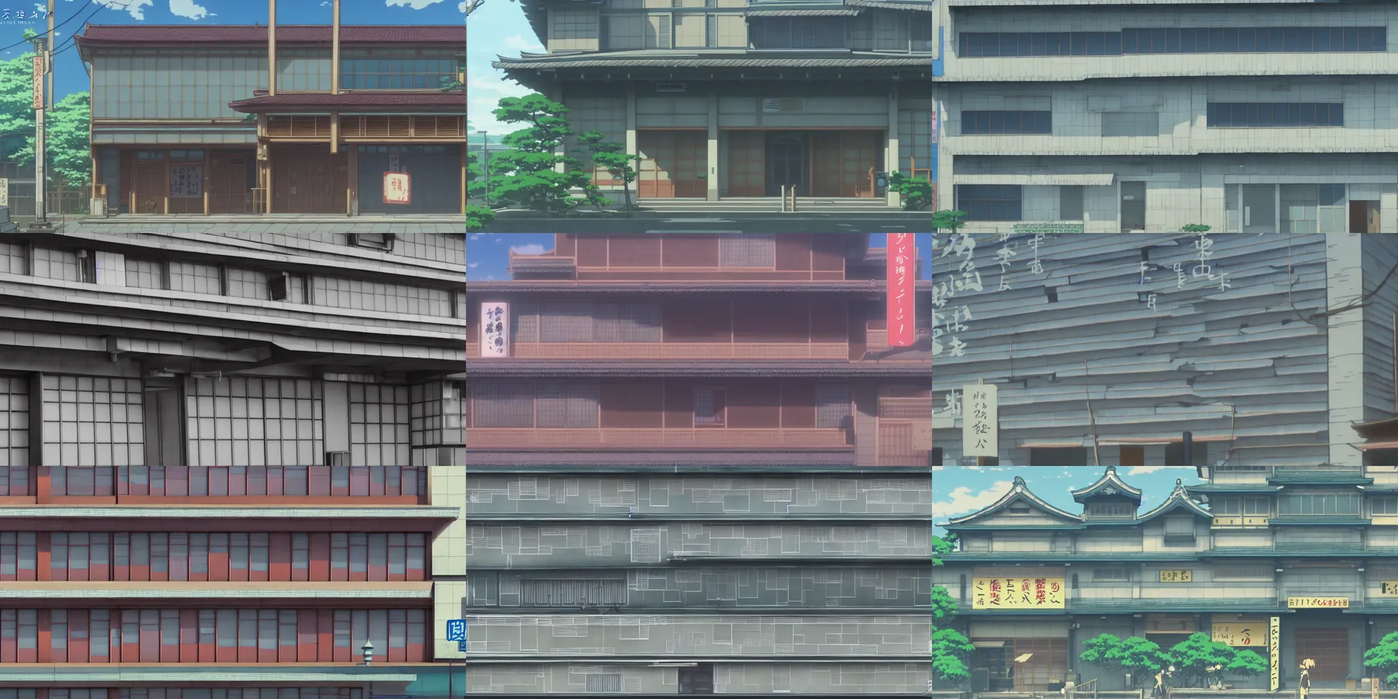 Prompt: close up front view of a japanese building facade with signs on it, a screenshot from the anime film by Makoto Shinkai